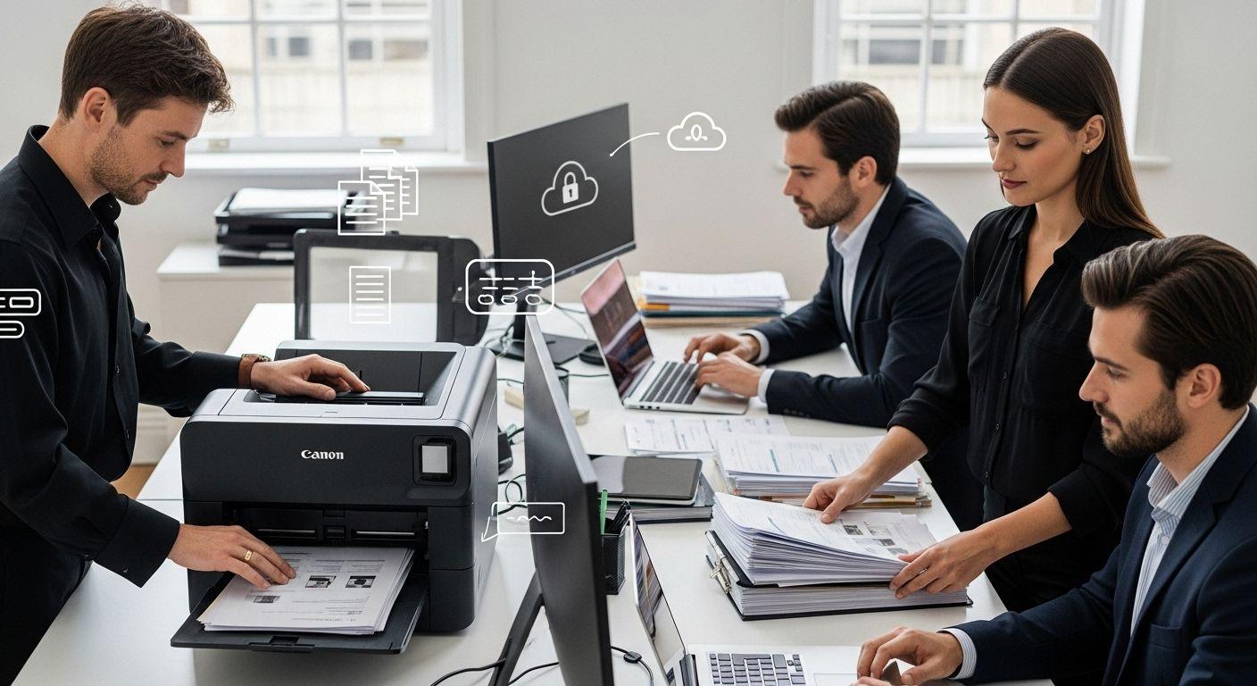 Business professionals managing PDF/A documents for long-term digital archiving